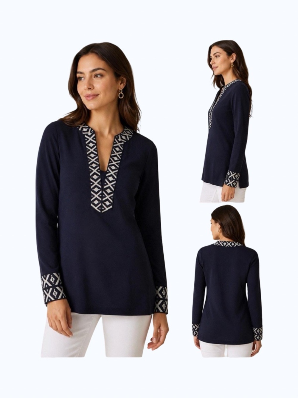 Tory Burch Tunic Top Womens 2 Dark Navy Blue Embroidered Side Zip V Neck Blouse